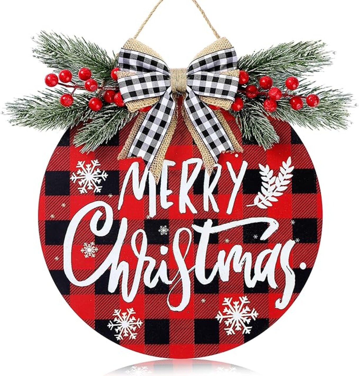 Christmas Door Sign Buffalo Plaid 12'' Welcome Sign Xmas Decorations Merry Christmas Wreath for Porch Wall Hanging Wreath Rustic Farmhouse Window Holiday Winter Wooden Indoor Outdoor Decor